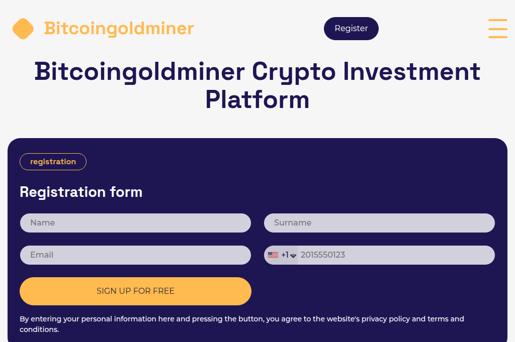 Screenshot of bitcoingoldminerai.com