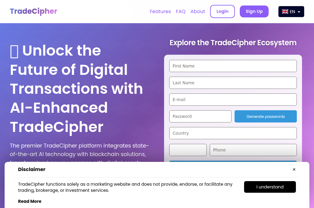 Screenshot of tradecipher-solution.com