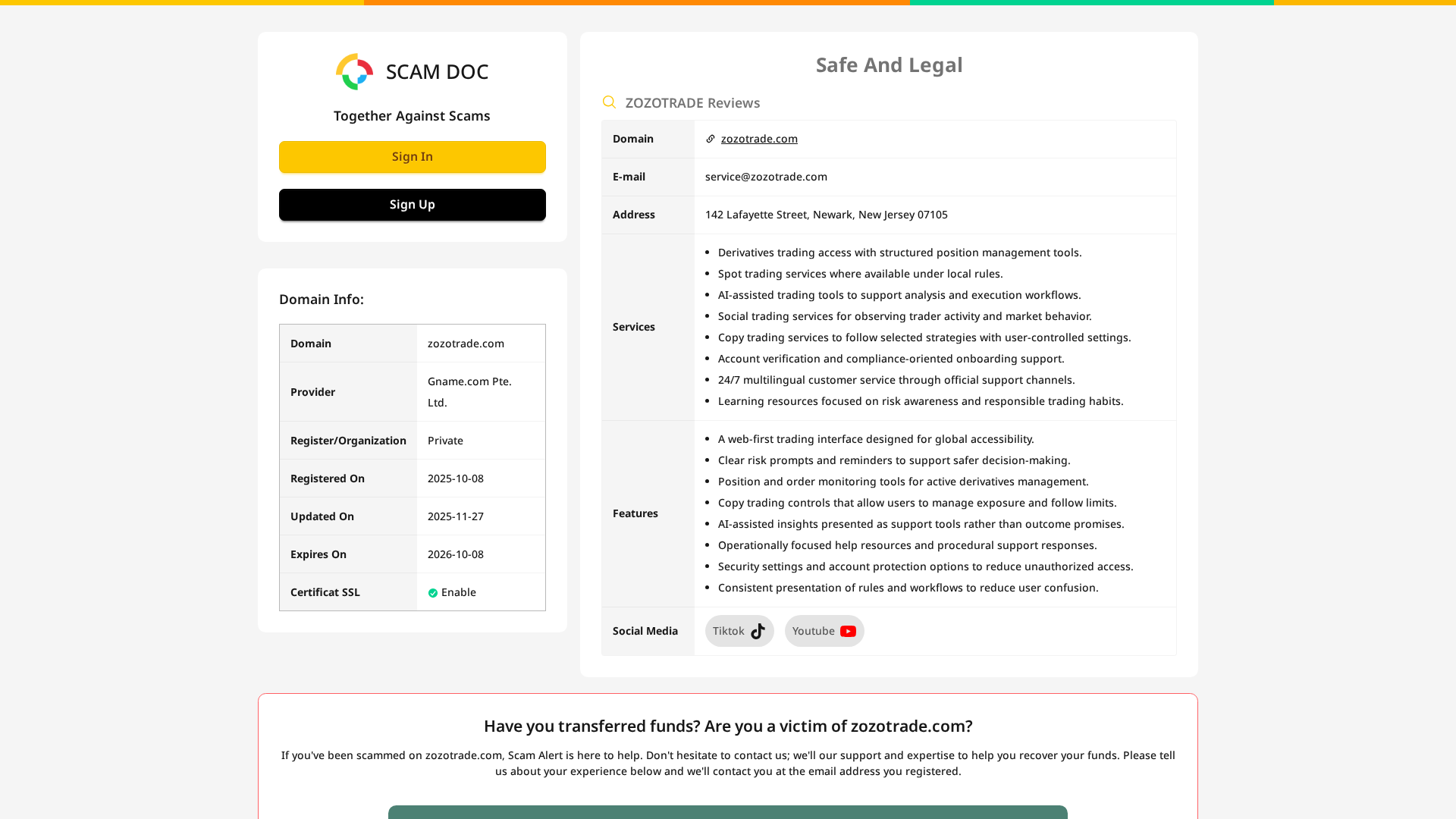 Screenshot of zozotrade-scam.com