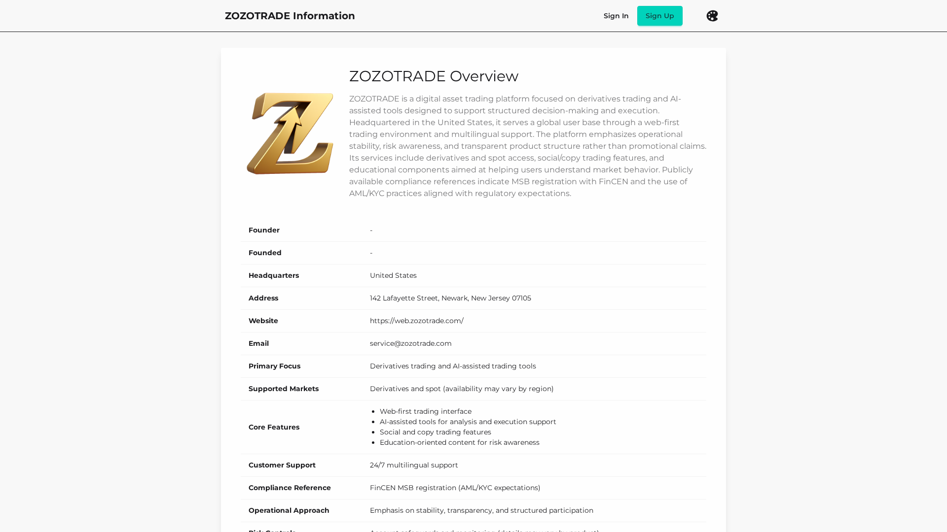 Screenshot of zozotrade.info